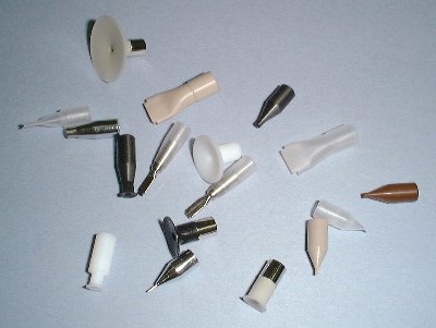 Attachments for vacuum wands (vacuum tweezers, vacuum pens, vacuum pencils): A large selection of cups, nozzles. Great tools for jewellers, watch/camera repairmen, silicon wafer process engineers, scientific experiments, hobbyists, SMT operators.
